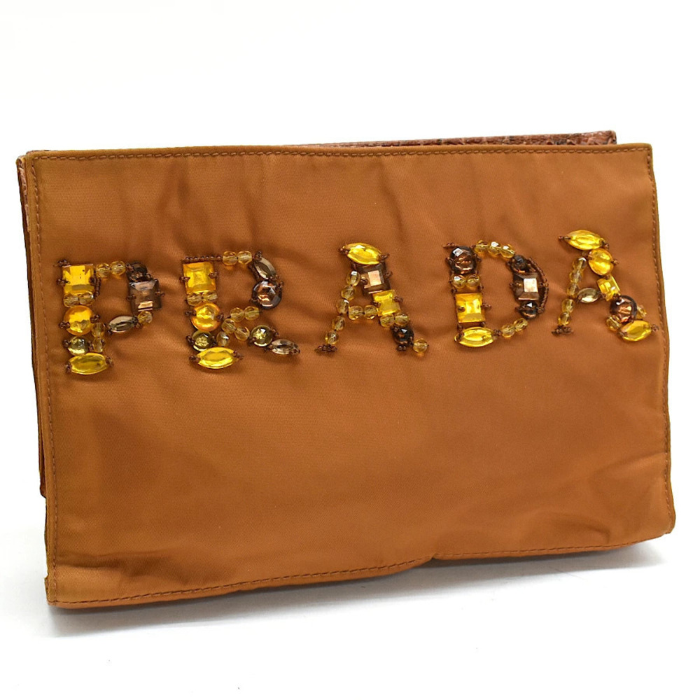 Prada Pouch Clutch Shoulder Bag Terracotta Brown Bijou Beads Embroidery